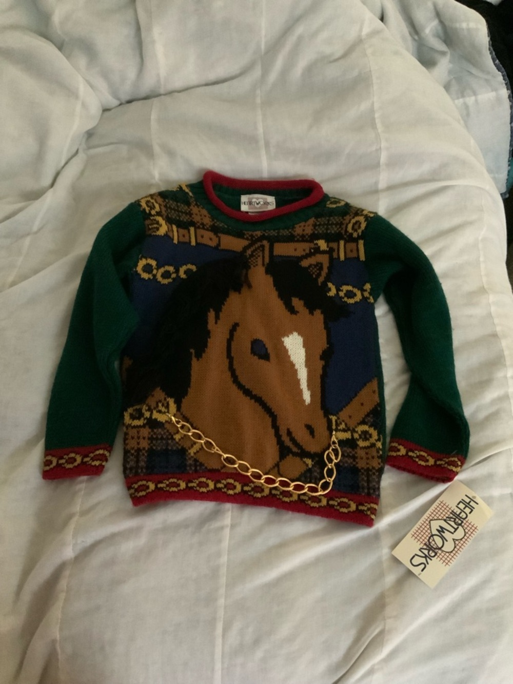 NWT Vintage Girls Heartworks Small (4) Green Horse Sweater Chain Yarn Mane